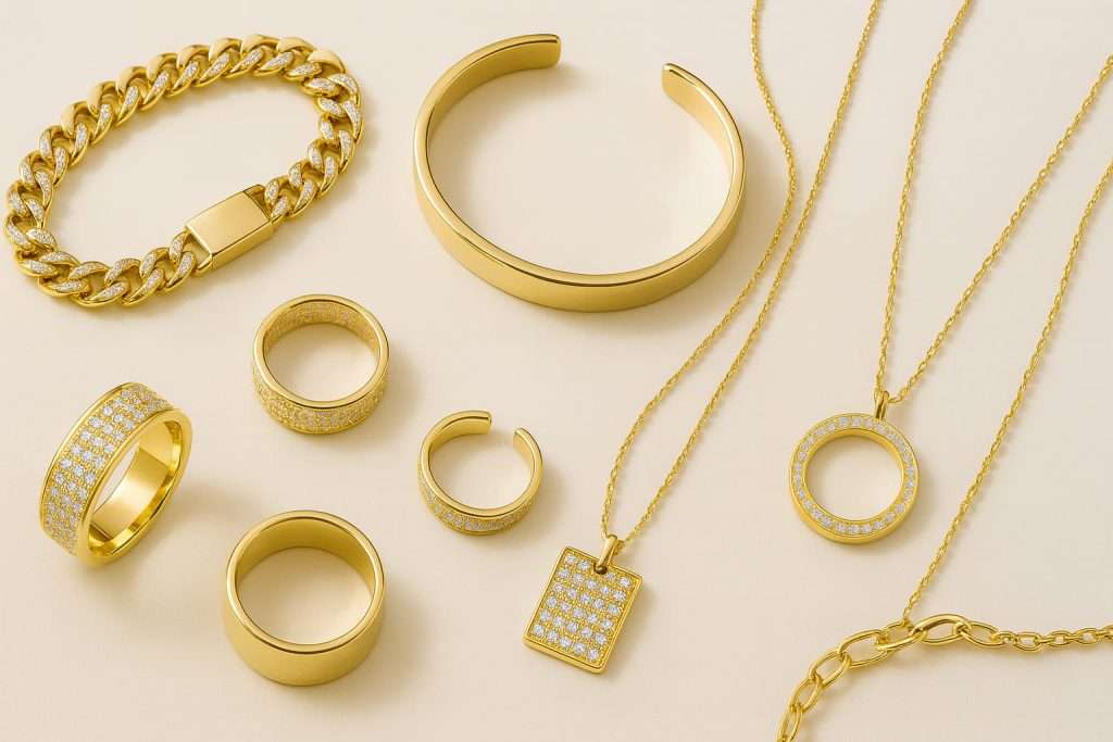 A flat lay photo of 316 stainless steel jewelry including rings and necklaces on a white background.