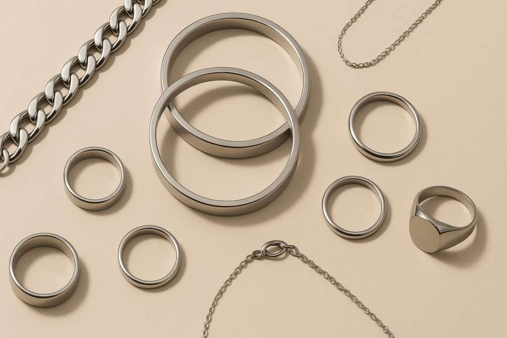 Elegant flat lay of 316L and 304 stainless steel jewelry on a neutral background.