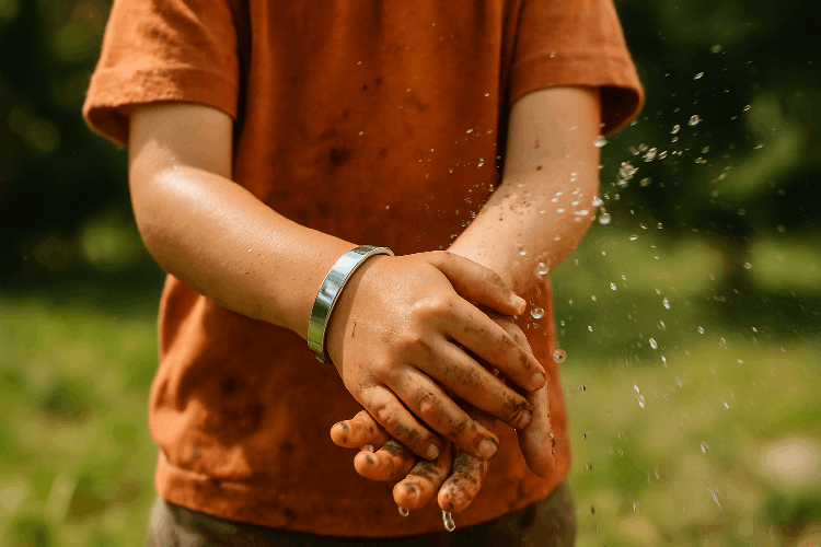 Kid wearing a stainless steel bracelet while playing outdoors