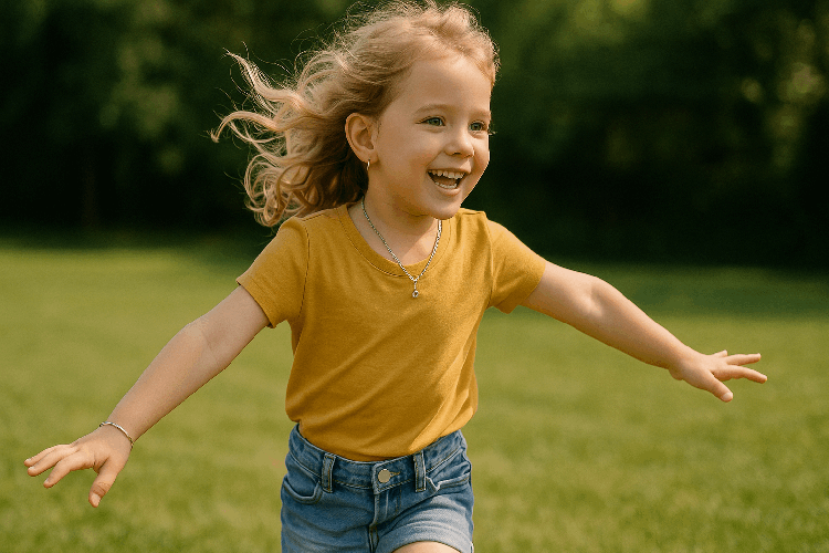 Child playing outdoors wearing comfortable stainless steel jewelry.